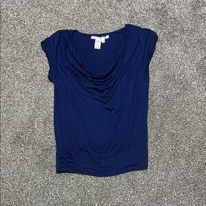 Max studio SMALL Navy blue blouse top scoop neck drapey fit fitted at waist